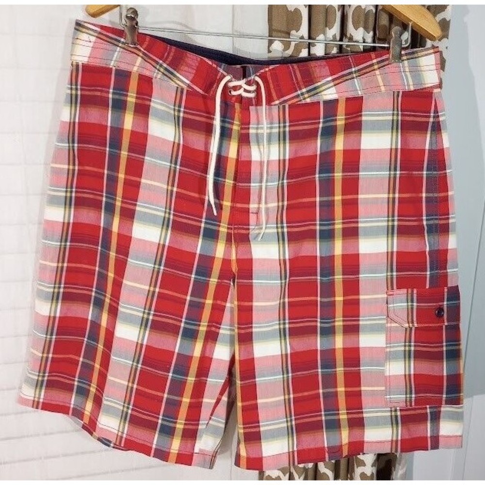 Polo Ralph Lauren Board Shorts Men's Sz 38 Plaid Red Cotton Nylon Blend Pocket